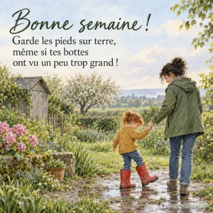 Une mère aide son enfant à avancer dans des bottes de jardin trop grandes, avec le texte « Bonne semaine ! Garde les pieds sur terre, même si tes bottes ont vu un peu trop grand ! ».