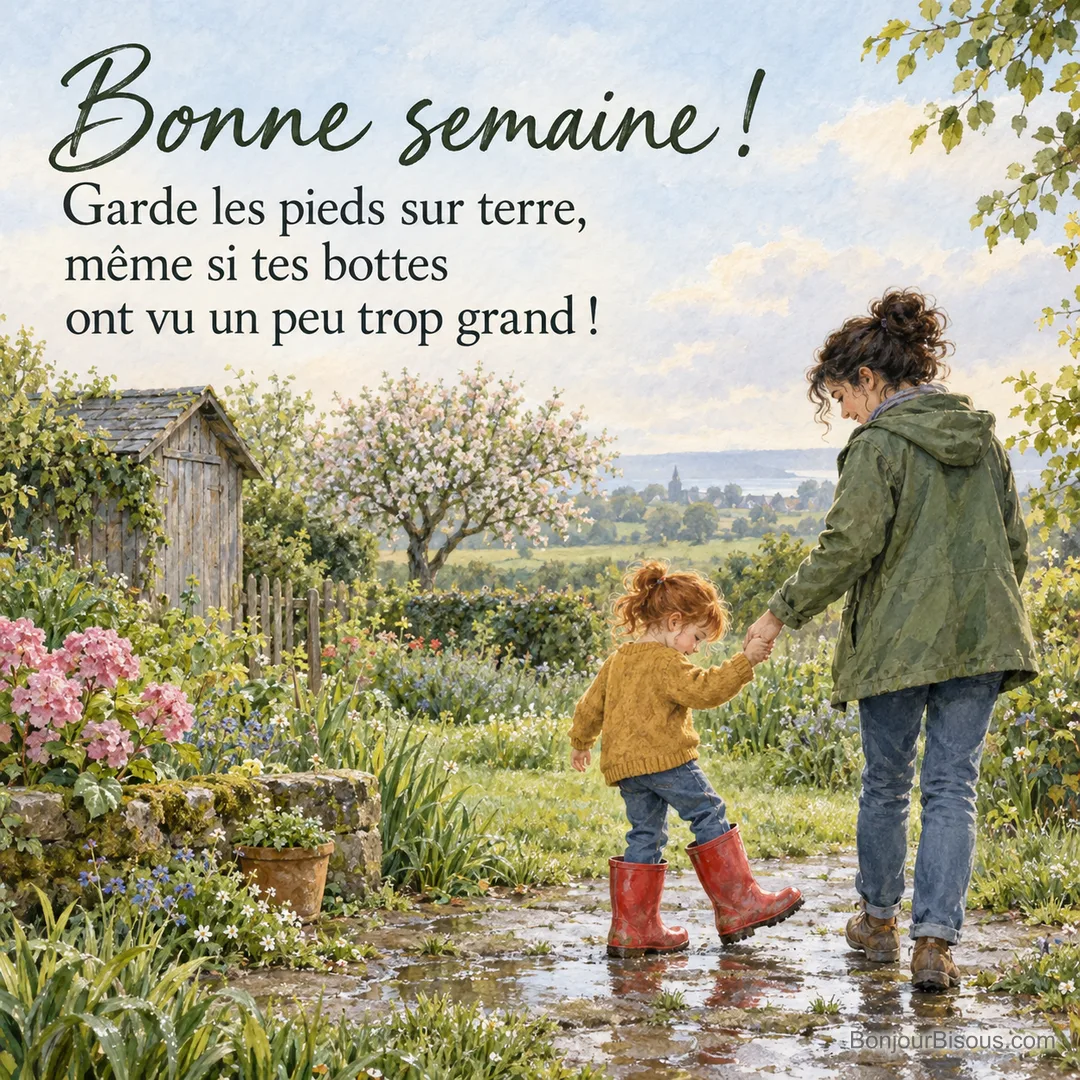Une mère aide son enfant à avancer dans des bottes de jardin trop grandes, avec le texte « Bonne semaine ! Garde les pieds sur terre, même si tes bottes ont vu un peu trop grand ! ». Une mère aide son enfant à avancer dans des bottes de jardin trop grandes, avec le texte « Bonne semaine ! Garde les pieds sur terre, même si tes bottes ont vu un peu trop grand ! ».