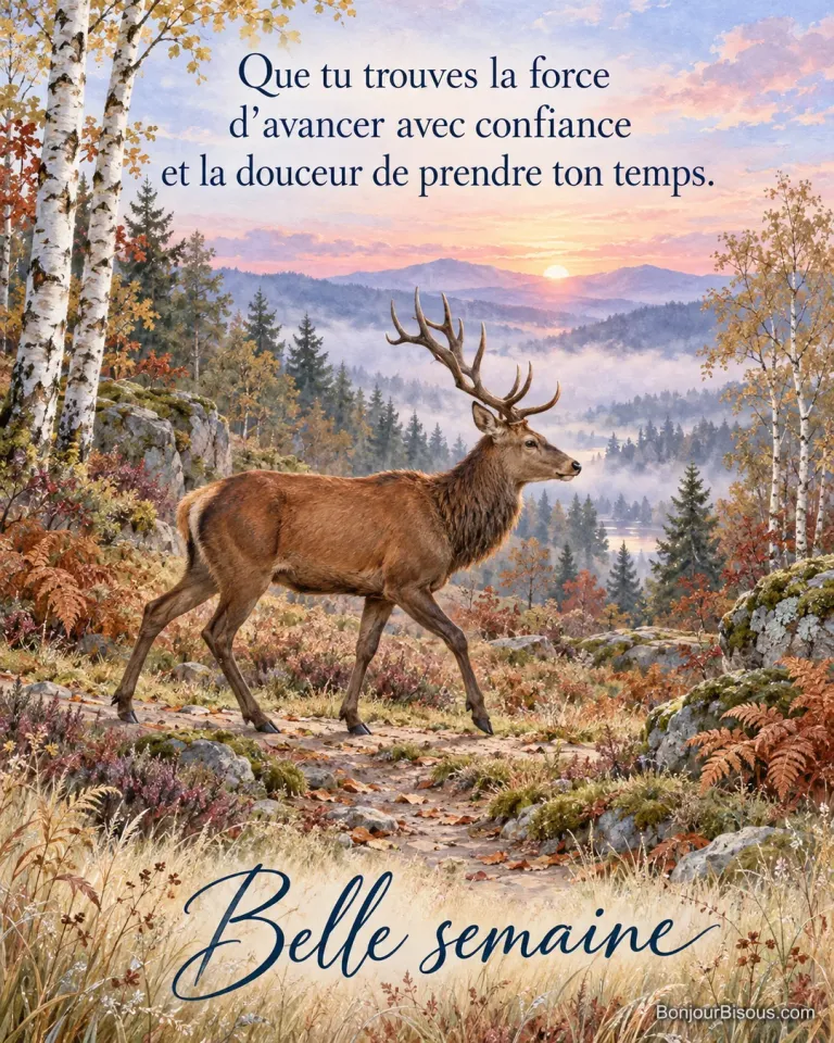 Un cerf élaphe marche dans les fougères d’une clairière vosgienne, avec le texte « Belle semaine Que tu trouves la force d’avancer avec confiance et la douceur de prendre ton temps. ».