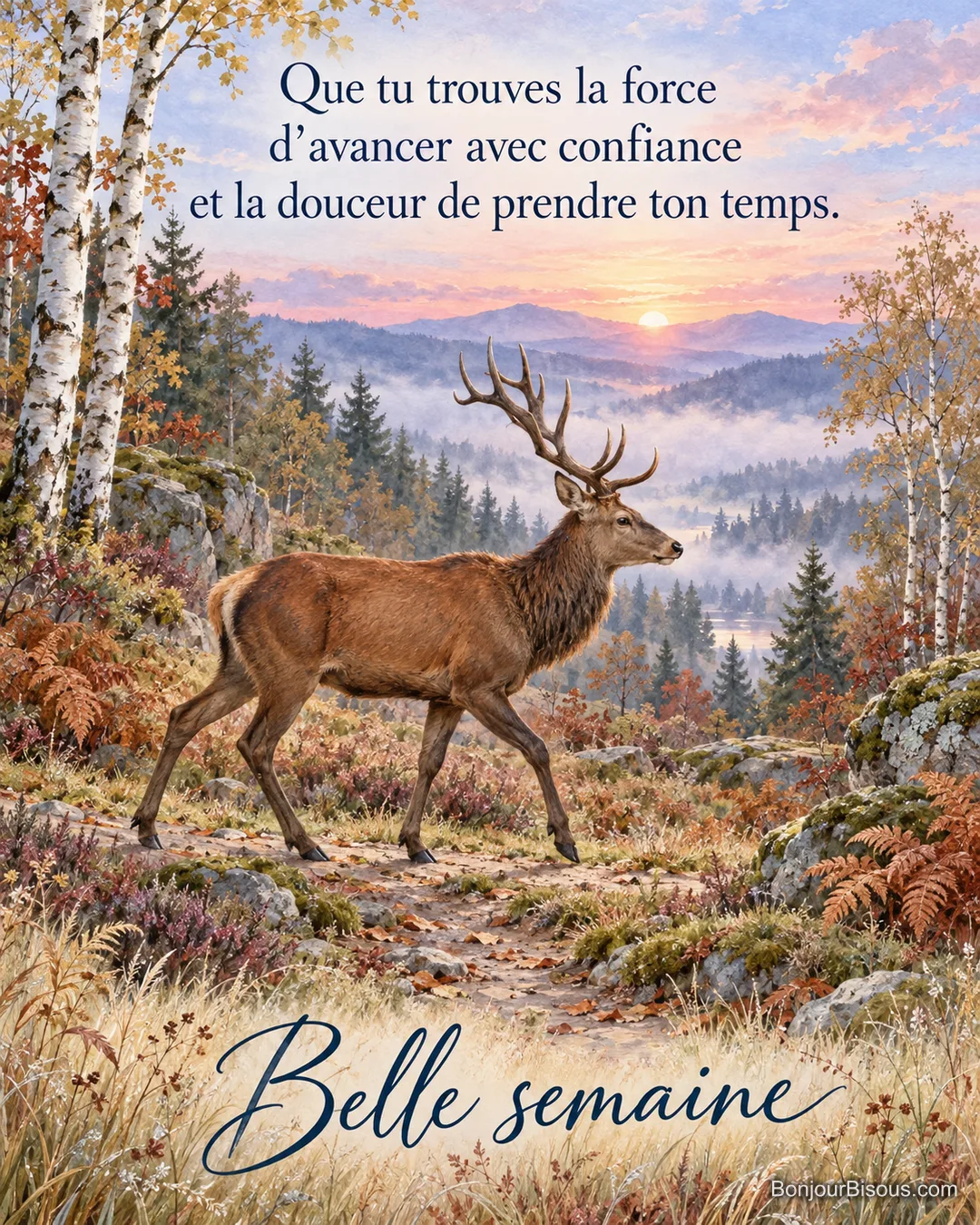 Un cerf élaphe marche dans les fougères d’une clairière vosgienne, avec le texte « Belle semaine Que tu trouves la force d’avancer avec confiance et la douceur de prendre ton temps. ». Un cerf élaphe marche dans les fougères d’une clairière vosgienne, avec le texte « Belle semaine Que tu trouves la force d’avancer avec confiance et la douceur de prendre ton temps. ».