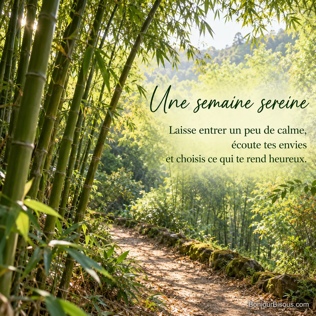 La brise traverse les bambous d’un jardin des Cévennes, avec le texte « Une semaine sereine Laisse entrer un peu de calme, écoute tes envies et choisis ce qui te rend heureux. ». La brise traverse les bambous d’un jardin des Cévennes, avec le texte « Une semaine sereine Laisse entrer un peu de calme, écoute tes envies et choisis ce qui te rend heureux. ».