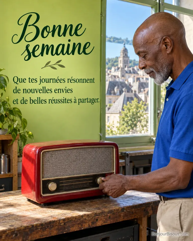 Un bénévole règle le bouton d’un poste radio rouge qu’il a restauré dans un atelier corrézien, avec le texte « Bonne semaine Que tes journées résonnent de nouvelles envies et de belles réussites à partager. ».