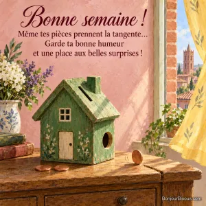 Trois pièces cuivrées sortent d’une tirelire en bois, dont une roule sur la console près d’une fenêtre toulousaine, avec le texte « Bonne semaine ! Même tes pièces prennent la tangente… Garde ta bonne humeur et une place aux belles surprises ! ».