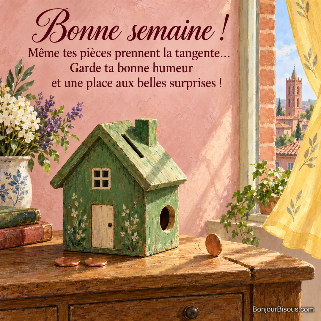 Trois pièces cuivrées sortent d’une tirelire en bois, dont une roule sur la console près d’une fenêtre toulousaine, avec le texte « Bonne semaine ! Même tes pièces prennent la tangente… Garde ta bonne humeur et une place aux belles surprises ! ». Trois pièces cuivrées sortent d’une tirelire en bois, dont une roule sur la console près d’une fenêtre toulousaine, avec le texte « Bonne semaine ! Même tes pièces prennent la tangente… Garde ta bonne humeur et une place aux belles surprises ! ».