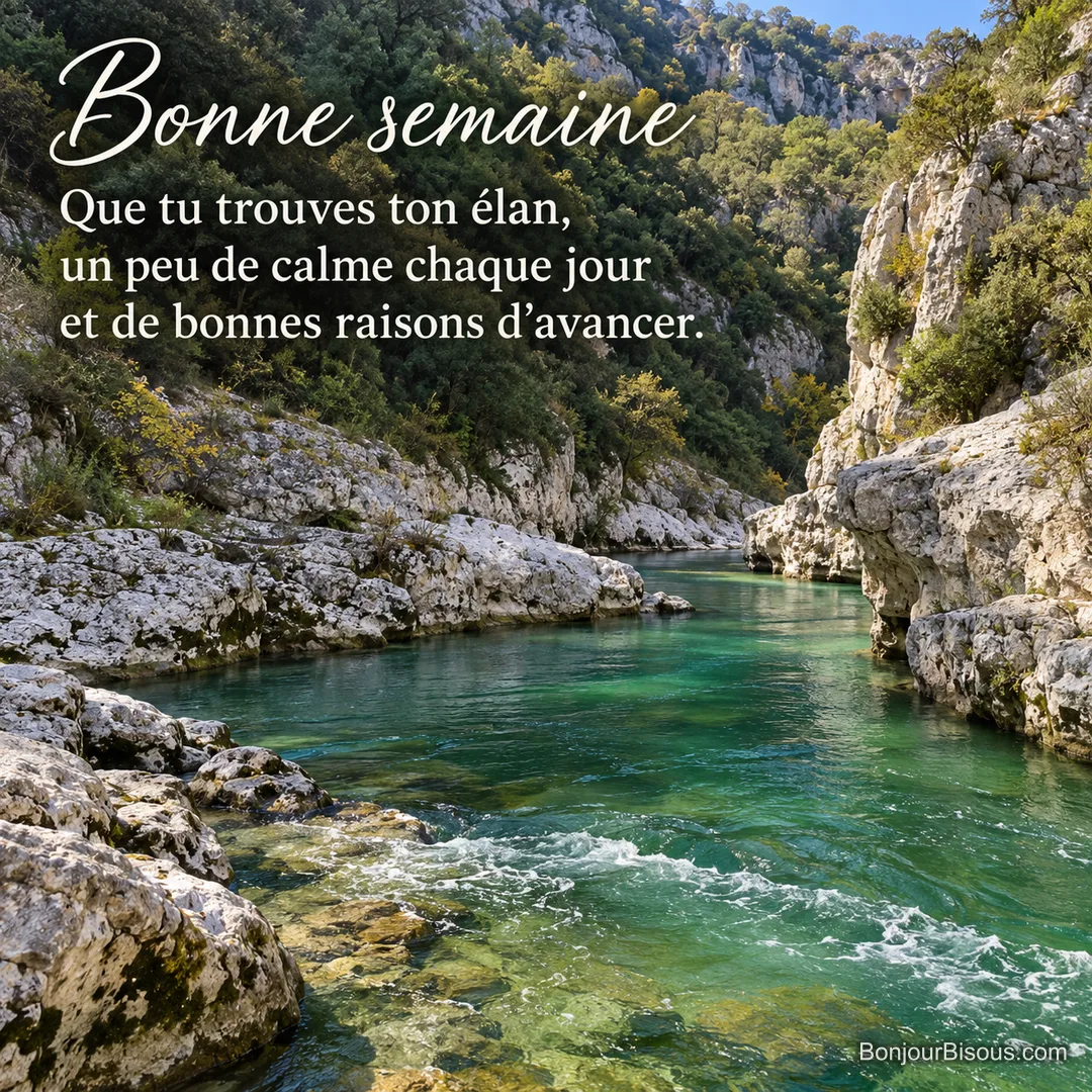 La rivière verte dessine une courbe entre les parois calcaires et les chênes des gorges de la Vis, avec le texte « Bonne semaine Que tu trouves ton élan, un peu de calme chaque jour et de bonnes raisons d’avancer. ». La rivière verte dessine une courbe entre les parois calcaires et les chênes des gorges de la Vis, avec le texte « Bonne semaine Que tu trouves ton élan, un peu de calme chaque jour et de bonnes raisons d’avancer. ».