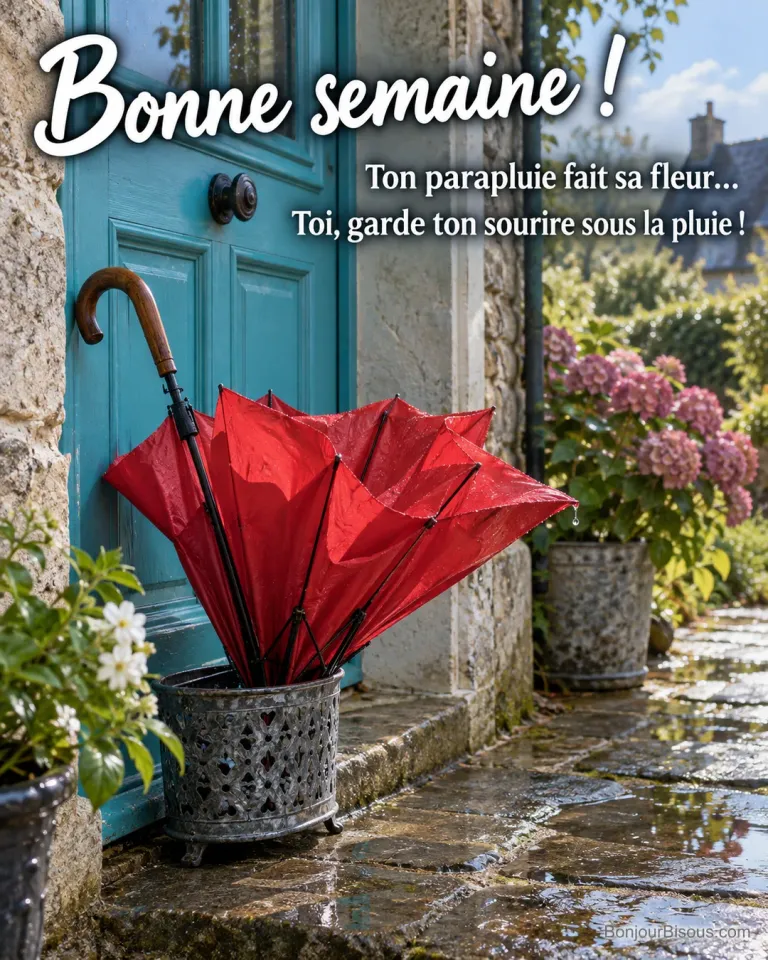 Un parapluie rouge retourné s’ouvre comme une grande fleur devant une porte turquoise, avec le texte « Bonne semaine ! Ton parapluie fait sa fleur… Toi, garde ton sourire sous la pluie ! ».