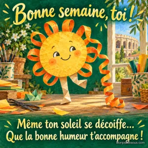 Un soleil de papier souriant perd un long rayon de ruban frisé en dansant, avec le texte « Bonne semaine, toi ! Même ton soleil se décoiffe… Que la bonne humeur t’accompagne ! ».