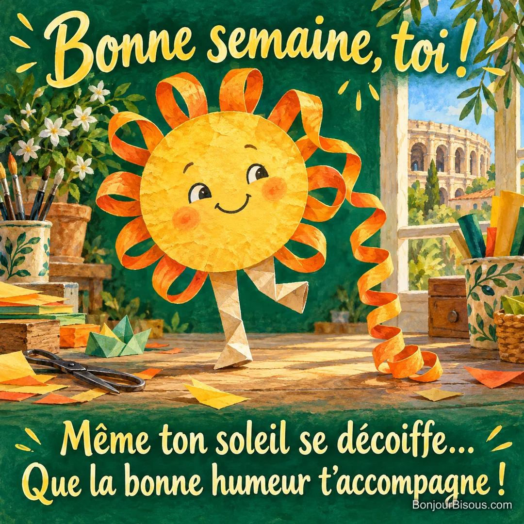 Un soleil de papier souriant perd un long rayon de ruban frisé en dansant, avec le texte « Bonne semaine, toi ! Même ton soleil se décoiffe… Que la bonne humeur t’accompagne ! ». Un soleil de papier souriant perd un long rayon de ruban frisé en dansant, avec le texte « Bonne semaine, toi ! Même ton soleil se décoiffe… Que la bonne humeur t’accompagne ! ».