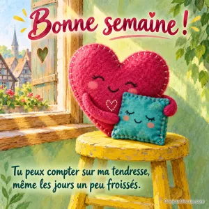 Un cœur de feutrine prend dans ses bras un petit carré de tissu turquoise, avec le texte « Bonne semaine ! Tu peux compter sur ma tendresse, même les jours un peu froissés. ».