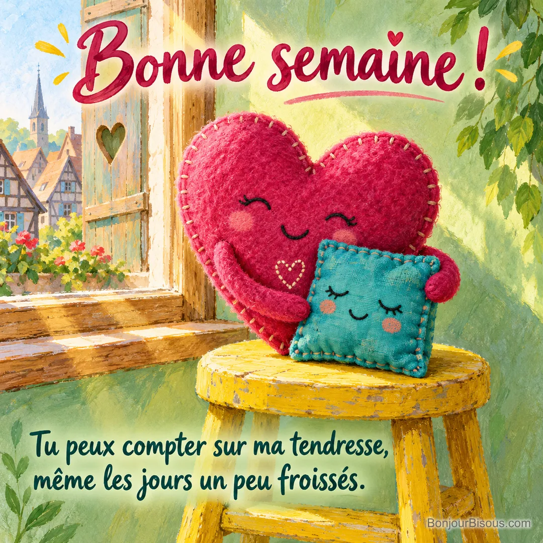 Un cœur de feutrine prend dans ses bras un petit carré de tissu turquoise, avec le texte « Bonne semaine ! Tu peux compter sur ma tendresse, même les jours un peu froissés. ». Un cœur de feutrine prend dans ses bras un petit carré de tissu turquoise, avec le texte « Bonne semaine ! Tu peux compter sur ma tendresse, même les jours un peu froissés. ».