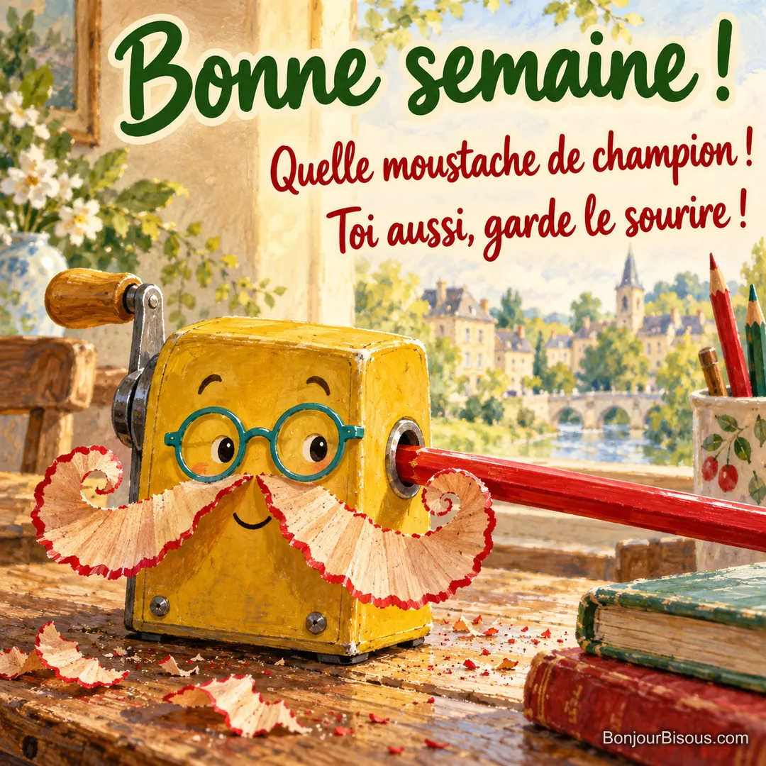 Un taille-crayon jaune à lunettes porte une grande moustache faite d’un copeau de bois rouge et blond, avec le texte « Bonne semaine ! Quelle moustache de champion ! Toi aussi, garde le sourire ! ».