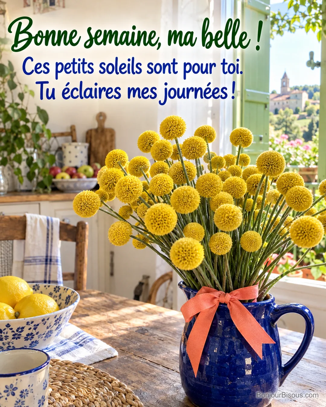 Des craspédias jaune soleil s’épanouissent en éventail dans un pichet bleu cobalt près d’une fenêtre gersoise, avec le texte « Bonne semaine, ma belle ! Ces petits soleils sont pour toi. Tu éclaires mes journées ! ».