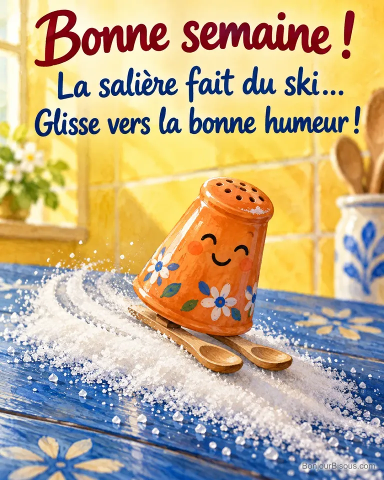 Une salière orange glisse sur deux petites cuillères en bois comme sur des skis dans du sel renversé, avec le texte « Bonne semaine ! La salière fait du ski… Glisse vers la bonne humeur ! ».