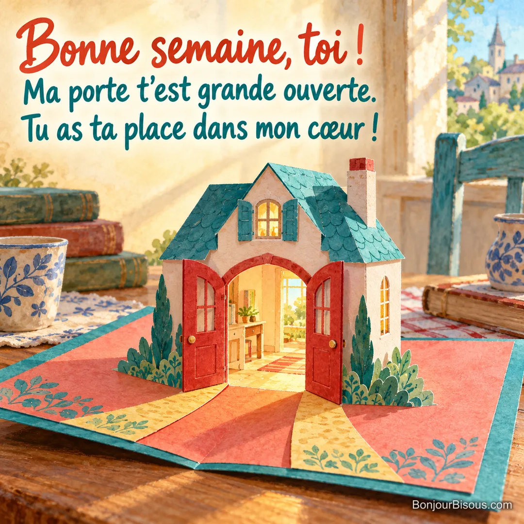 Une carte pop-up corail et turquoise ouvre une petite porte rouge sur une lumière dorée accueillante, avec le texte « Bonne semaine, toi ! Ma porte t’est grande ouverte. Tu as ta place dans mon cœur ! ».