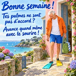 Un homme découvre en riant ses deux palmes turquoise et jaune devant sa maison de Dinard, avec le texte « Bonne semaine ! Tes palmes ne sont pas d’accord ? Avance quand même avec le sourire ! ».