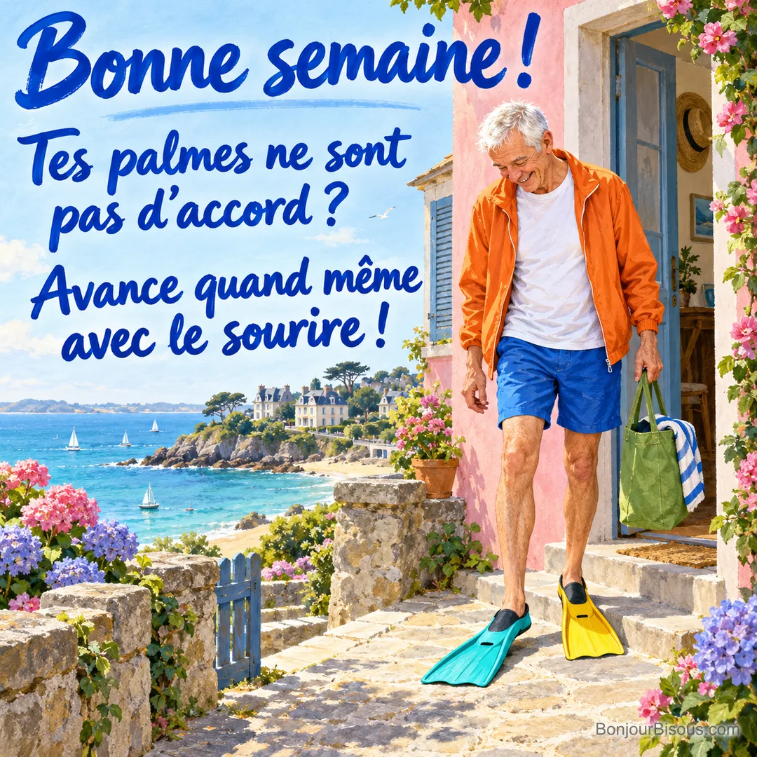 Un homme découvre en riant ses deux palmes turquoise et jaune devant sa maison de Dinard, avec le texte « Bonne semaine ! Tes palmes ne sont pas d’accord ? Avance quand même avec le sourire ! ».