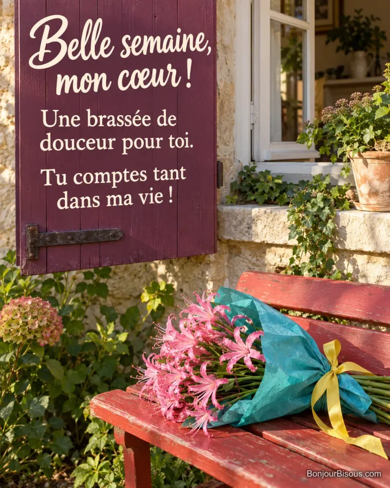 Un bouquet de nérines roses enveloppé de papier turquoise attend sur un banc rouge au soleil d’octobre, avec le texte « Belle semaine, mon cœur ! Une brassée de douceur pour toi. Tu comptes tant dans ma vie ! ».