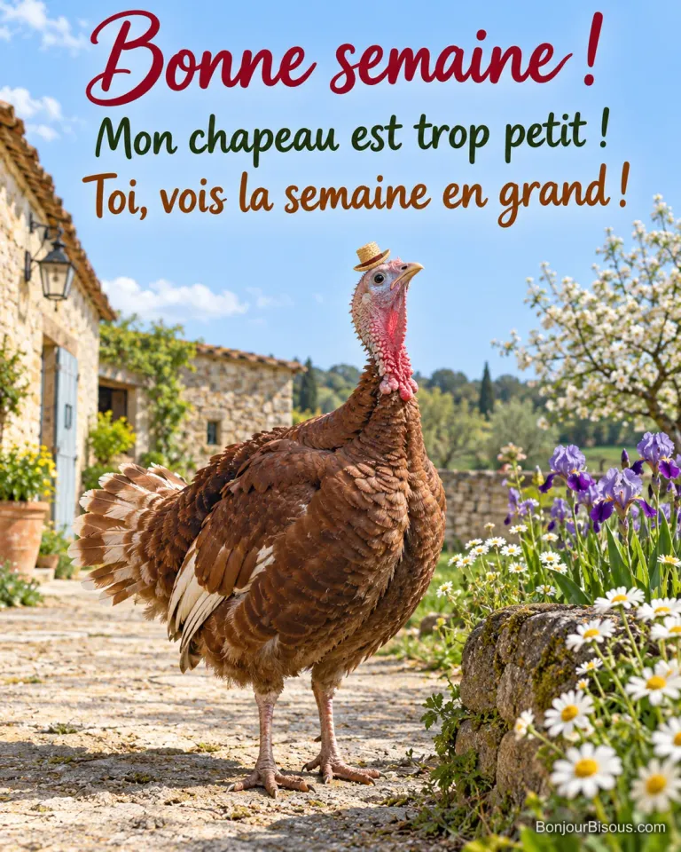 Un dindon de ferme porte un minuscule chapeau de paille dans une cour ensoleillée. Le message est : « Bonne semaine ! Mon chapeau est trop petit ! Toi, vois la semaine en grand ! ».