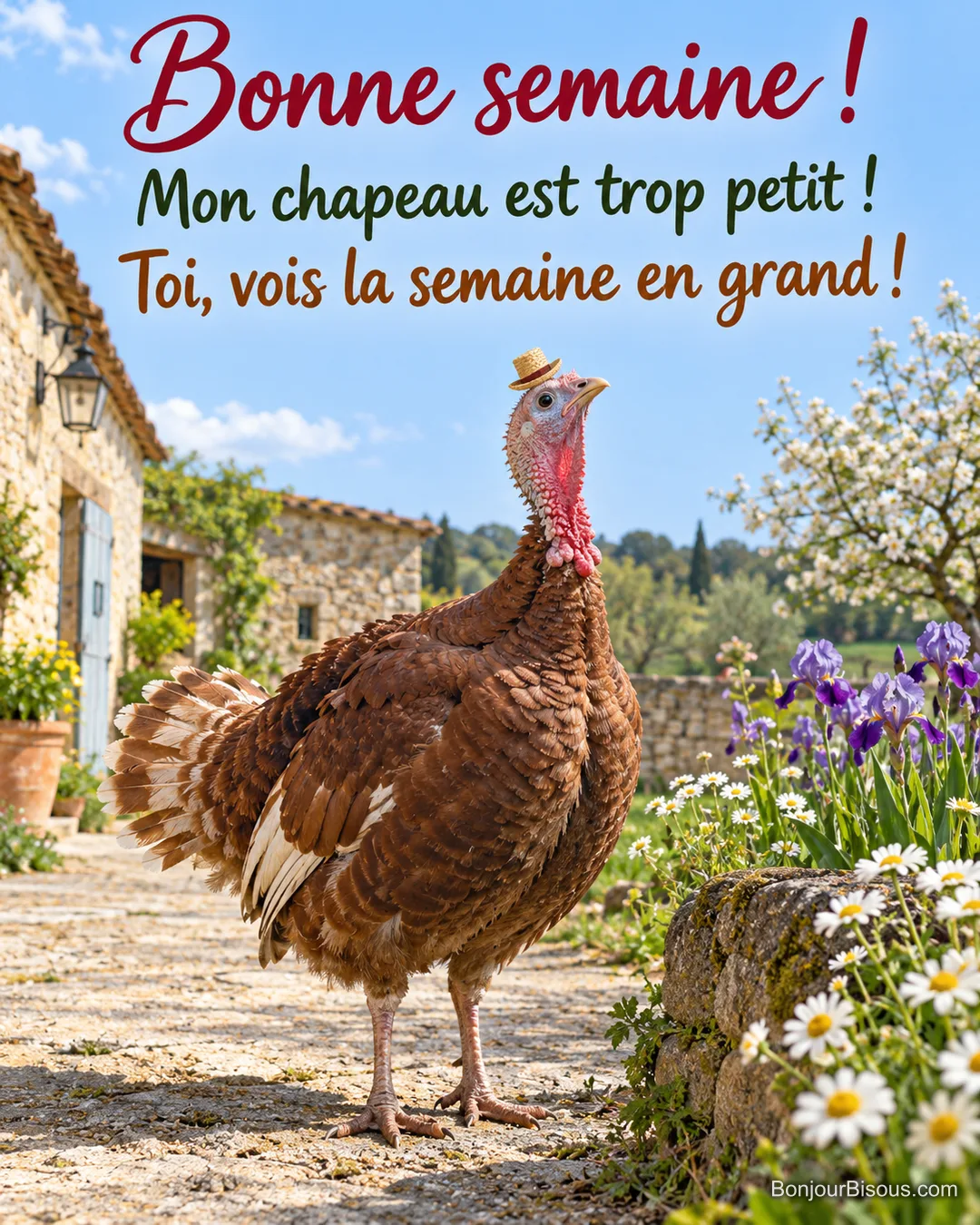 Un dindon de ferme porte un minuscule chapeau de paille dans une cour ensoleillée. Le message est : « Bonne semaine ! Mon chapeau est trop petit ! Toi, vois la semaine en grand ! ». Un dindon de ferme porte un minuscule chapeau de paille dans une cour ensoleillée. Le message est : « Bonne semaine ! Mon chapeau est trop petit ! Toi, vois la semaine en grand ! ».