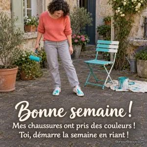 Une femme rit en découvrant ses deux baskets éclaboussées de peinture turquoise pendant qu’elle repeint une chaise. Le message est : « Bonne semaine ! Mes chaussures ont pris des couleurs ! Toi, démarre la semaine en riant ! ».