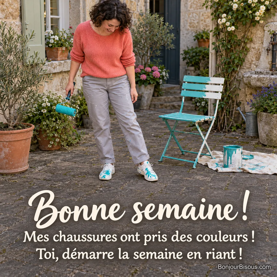 Une femme rit en découvrant ses deux baskets éclaboussées de peinture turquoise pendant qu’elle repeint une chaise. Le message est : « Bonne semaine ! Mes chaussures ont pris des couleurs ! Toi, démarre la semaine en riant ! ». Une femme rit en découvrant ses deux baskets éclaboussées de peinture turquoise pendant qu’elle repeint une chaise. Le message est : « Bonne semaine ! Mes chaussures ont pris des couleurs ! Toi, démarre la semaine en riant ! ».