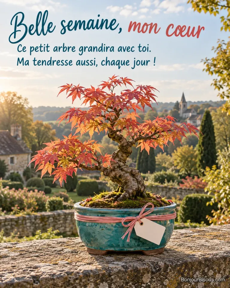Un bonsaï d’érable aux feuilles corail est préparé comme un cadeau sur une terrasse de jardin. Le message est : « Belle semaine, mon cœur Ce petit arbre grandira avec toi. Ma tendresse aussi, chaque jour ! ».
