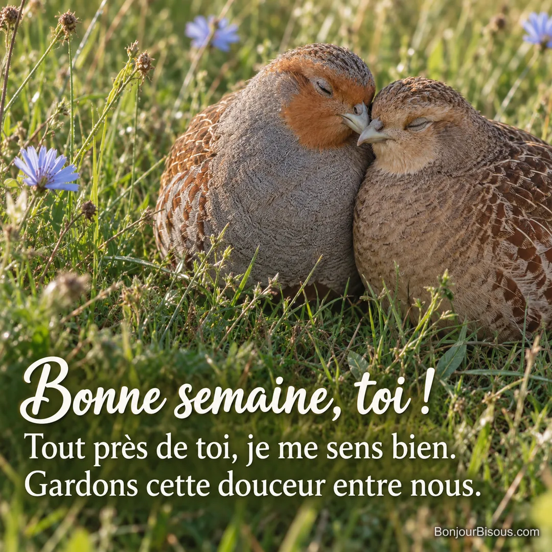 Deux perdrix grises se serrent tendrement l’une contre l’autre dans une prairie fleurie. Le message est : « Bonne semaine, toi ! Tout près de toi, je me sens bien. Gardons cette douceur entre nous. ». Deux perdrix grises se serrent tendrement l’une contre l’autre dans une prairie fleurie. Le message est : « Bonne semaine, toi ! Tout près de toi, je me sens bien. Gardons cette douceur entre nous. ».
