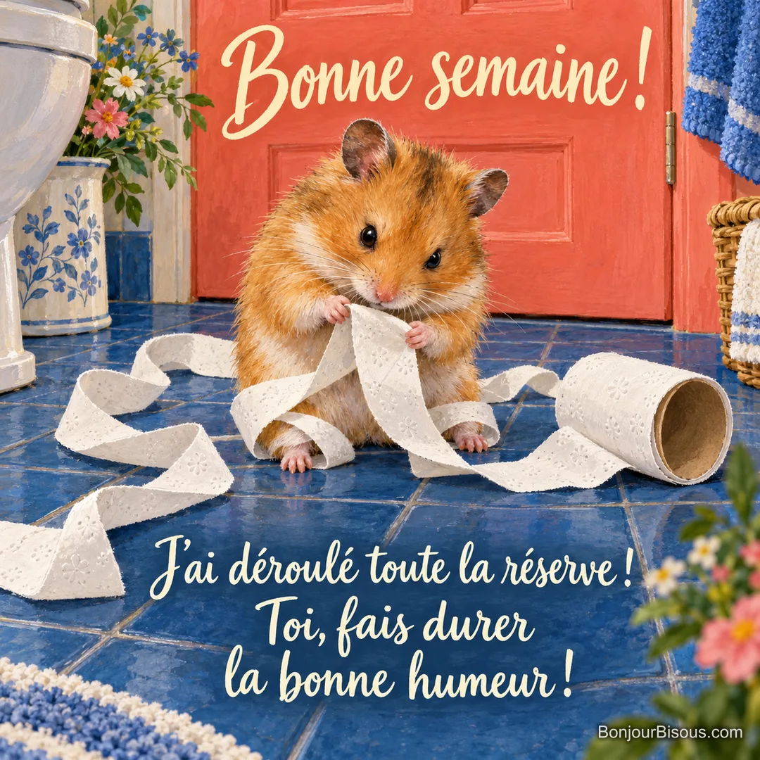 Un hamster doré a déroulé un long ruban de papier toilette tout autour de lui. Le message est : « Bonne semaine ! J’ai déroulé toute la réserve ! Toi, fais durer la bonne humeur ! ». Un hamster doré a déroulé un long ruban de papier toilette tout autour de lui. Le message est : « Bonne semaine ! J’ai déroulé toute la réserve ! Toi, fais durer la bonne humeur ! ».