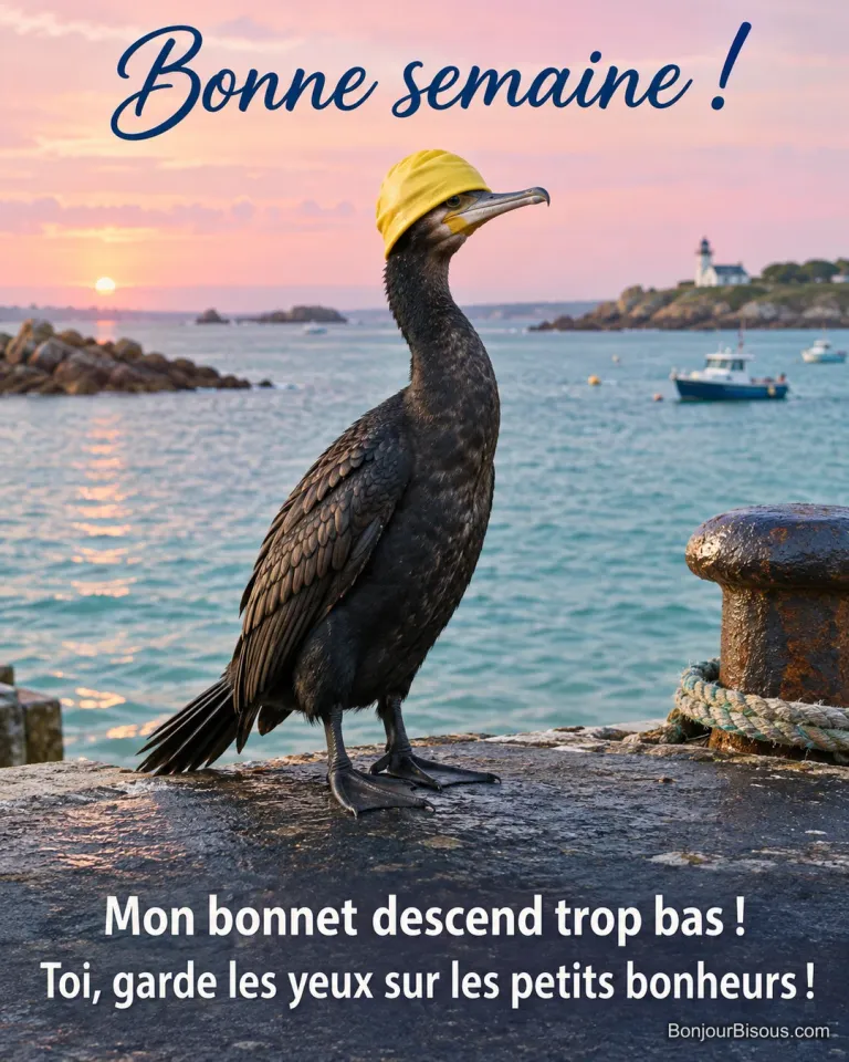 Un cormoran porte un bonnet de bain jaune descendu trop bas sur ses yeux. Le message est : « Bonne semaine ! Mon bonnet descend trop bas ! Toi, garde les yeux sur les petits bonheurs ! ».