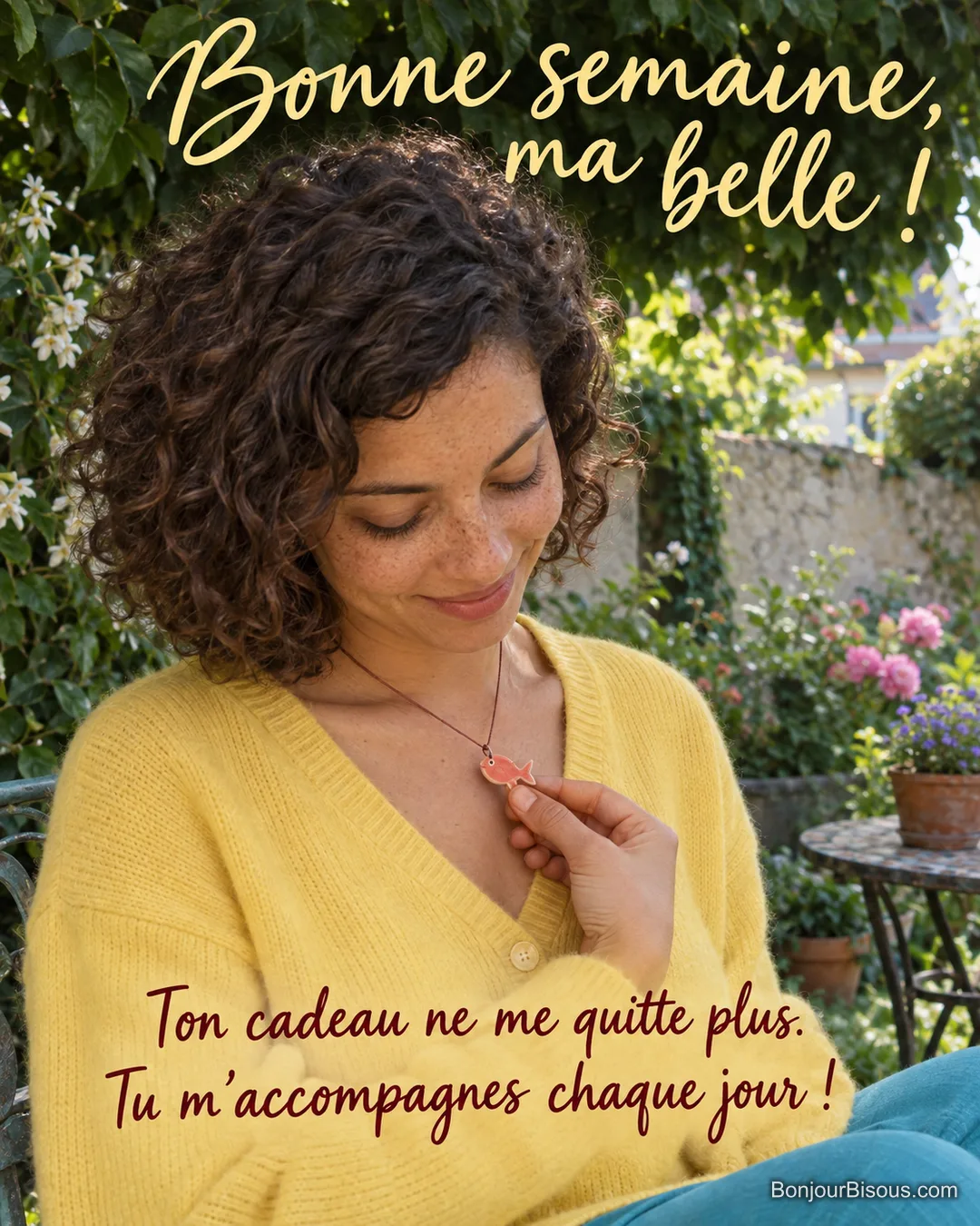 Une jeune femme regarde avec affection un médaillon artisanal en forme de poisson offert par une amie. Le message est : « Bonne semaine, ma belle ! Ton cadeau ne me quitte plus. Tu m’accompagnes chaque jour ! ». Une jeune femme regarde avec affection un médaillon artisanal en forme de poisson offert par une amie. Le message est : « Bonne semaine, ma belle ! Ton cadeau ne me quitte plus. Tu m’accompagnes chaque jour ! ».