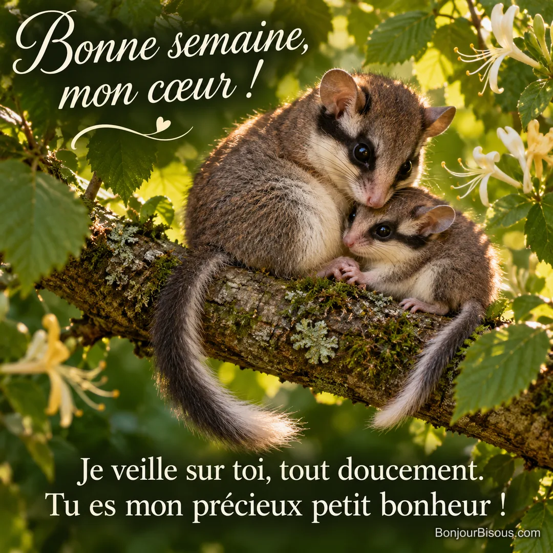 Une mère lérot se courbe tendrement autour de son unique petit sur une branche. Le message est : « Bonne semaine, mon cœur ! Je veille sur toi, tout doucement. Tu es mon précieux petit bonheur ! ». Une mère lérot se courbe tendrement autour de son unique petit sur une branche. Le message est : « Bonne semaine, mon cœur ! Je veille sur toi, tout doucement. Tu es mon précieux petit bonheur ! ».