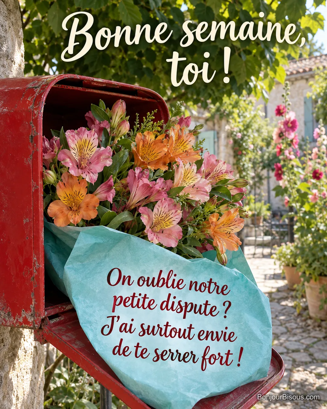Un bouquet d’alstroemères roses et orange attend dans une boîte aux lettres rouge ouverte. Le message est : « Bonne semaine, toi ! On oublie notre petite dispute ? J’ai surtout envie de te serrer fort ! ». Un bouquet d’alstroemères roses et orange attend dans une boîte aux lettres rouge ouverte. Le message est : « Bonne semaine, toi ! On oublie notre petite dispute ? J’ai surtout envie de te serrer fort ! ».