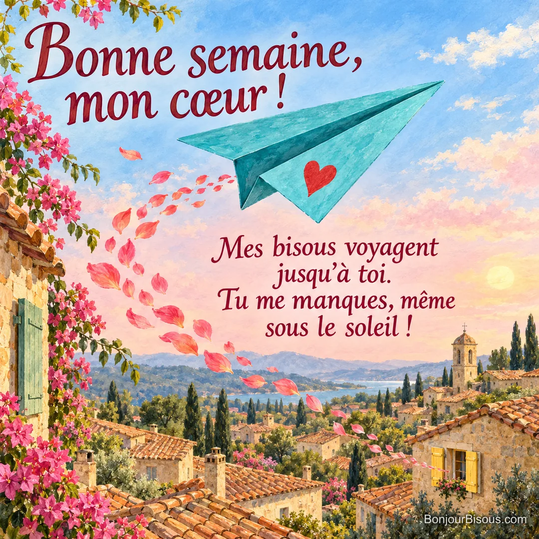 Un avion de papier turquoise portant un petit cœur rouge vole au-dessus des toits vers une fenêtre ouverte. Le message est : « Bonne semaine, mon cœur ! Mes bisous voyagent jusqu’à toi. Tu me manques, même sous le soleil ! ». Un avion de papier turquoise portant un petit cœur rouge vole au-dessus des toits vers une fenêtre ouverte. Le message est : « Bonne semaine, mon cœur ! Mes bisous voyagent jusqu’à toi. Tu me manques, même sous le soleil ! ».