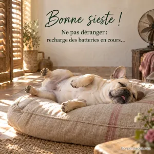 Photo d’un bouledogue français endormi sur le dos sur un coussin en lin, la langue sortie, volets mi-clos et ventilateur ancien, avec le texte « Bonne sieste ! Ne pas déranger : recharge des batteries en cours… »