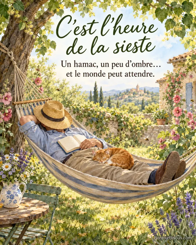 Peinture d’un homme endormi dans un hamac rayé sous un tilleul, chapeau de paille sur le visage, un livre sur le ventre et un chat roux sur les jambes, avec le texte « C’est l’heure de la sieste – Un hamac, un peu d’ombre… et le monde peut attendre. »