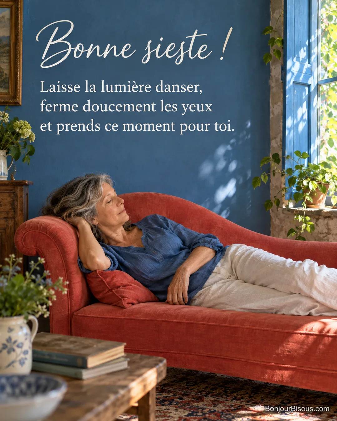 Une femme aux cheveux gris dort sur une méridienne rouge près de volets bleus entrouverts, avec le texte « Bonne sieste ! Laisse la lumière danser, ferme doucement les yeux et prends ce moment pour toi. » Une femme aux cheveux gris dort sur une méridienne rouge près de volets bleus entrouverts, avec le texte « Bonne sieste ! Laisse la lumière danser, ferme doucement les yeux et prends ce moment pour toi. »