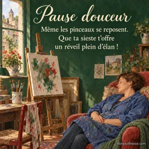 Une peintre assoupie près de son chevalet laisse ses pinceaux au repos dans un atelier coloré, avec le texte « Pause douceur Même les pinceaux se reposent. Que ta sieste t’offre un réveil plein d’élan ! »