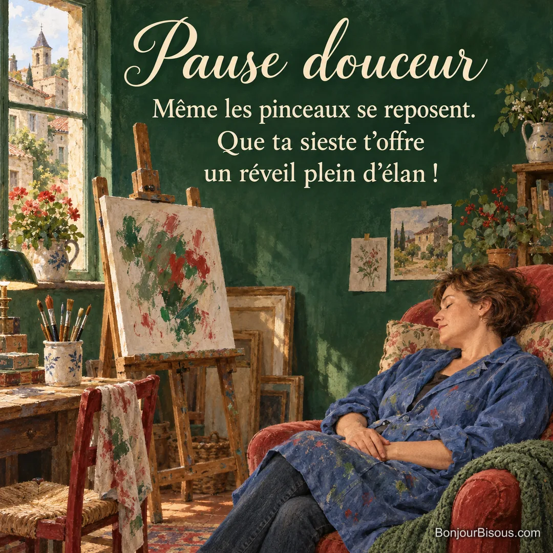 Une peintre assoupie près de son chevalet laisse ses pinceaux au repos dans un atelier coloré, avec le texte « Pause douceur Même les pinceaux se reposent. Que ta sieste t’offre un réveil plein d’élan ! » Une peintre assoupie près de son chevalet laisse ses pinceaux au repos dans un atelier coloré, avec le texte « Pause douceur Même les pinceaux se reposent. Que ta sieste t’offre un réveil plein d’élan ! »