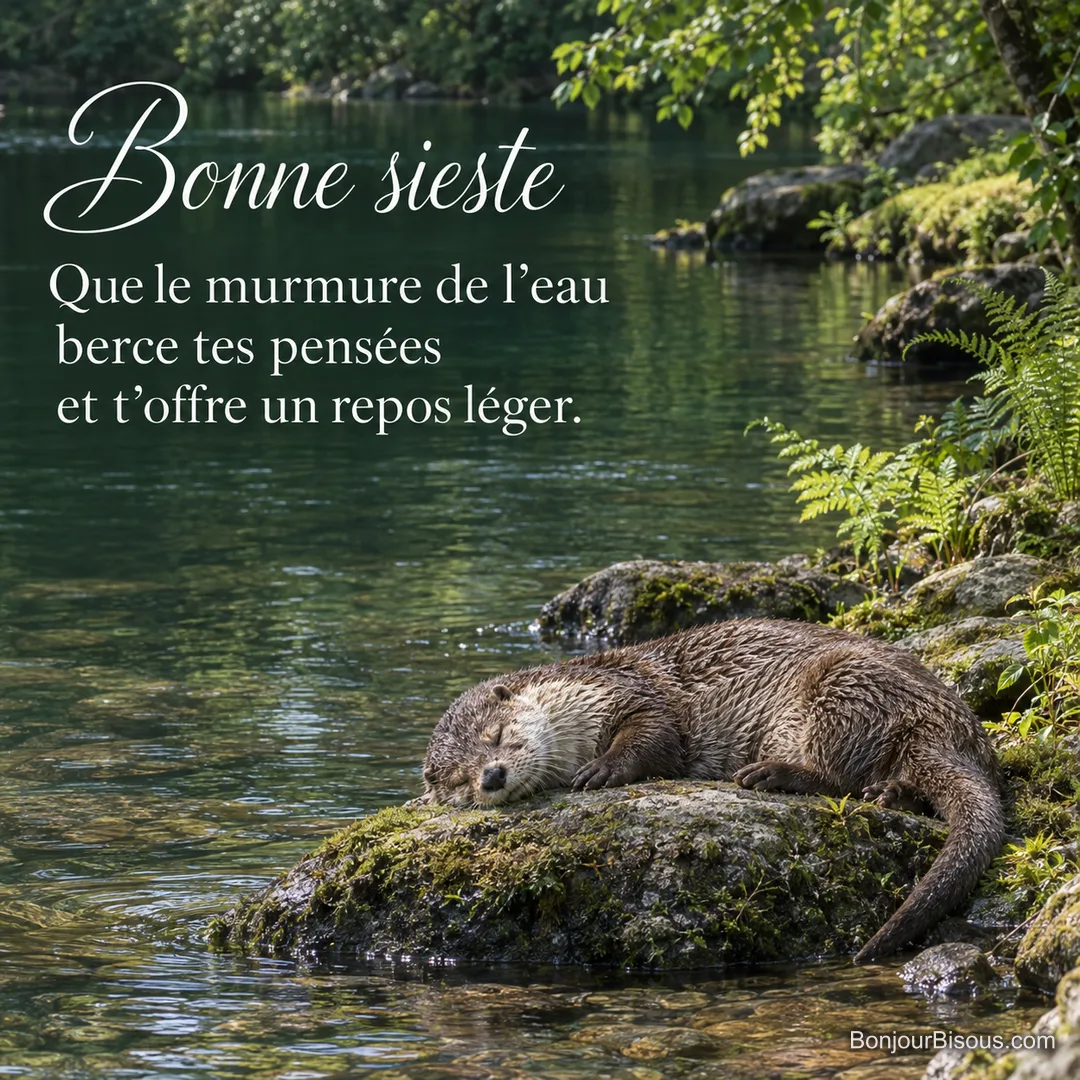 Une loutre endormie repose sur une berge moussue au bord d’une rivière verte, avec le texte « Bonne sieste Que le murmure de l’eau berce tes pensées et t’offre un repos léger. » Une loutre endormie repose sur une berge moussue au bord d’une rivière verte, avec le texte « Bonne sieste Que le murmure de l’eau berce tes pensées et t’offre un repos léger. »
