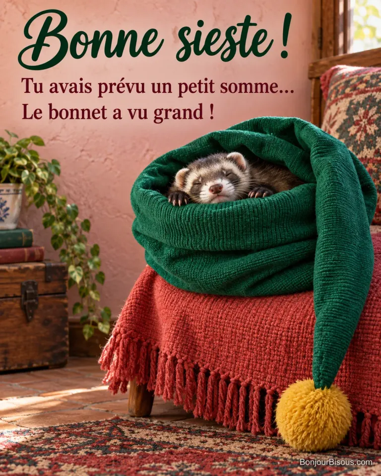 Un furet brun chocolat dort dans un bonnet vert beaucoup trop grand dont le pompon touche le sol, avec le texte « Bonne sieste ! Tu avais prévu un petit somme… Le bonnet a vu grand ! ».