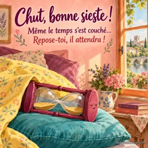 Un sablier souriant est couché sur un coussin turquoise et ne laisse plus couler son sable, avec le texte « Chut, bonne sieste ! Même le temps s’est couché… Repose-toi, il attendra ! ».
