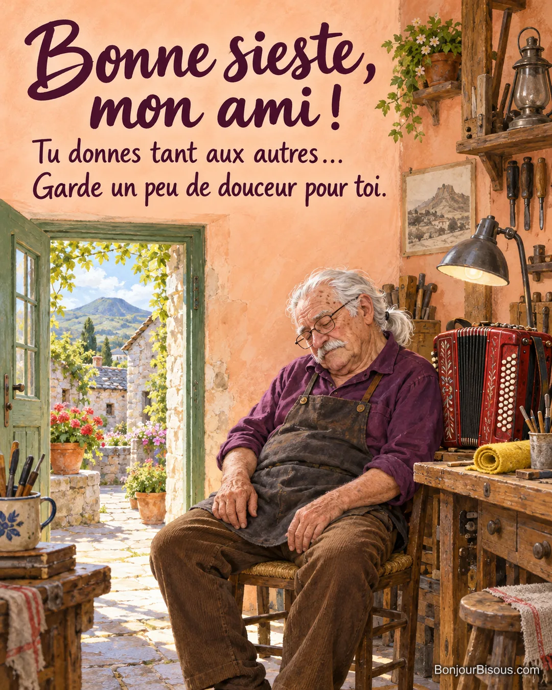 Un accordeur aux cheveux blancs s’est assoupi près d’un accordéon rouge dans son atelier ouvert sur une cour, avec le texte « Bonne sieste, mon ami ! Tu donnes tant aux autres… Garde un peu de douceur pour toi. ». Un accordeur aux cheveux blancs s’est assoupi près d’un accordéon rouge dans son atelier ouvert sur une cour, avec le texte « Bonne sieste, mon ami ! Tu donnes tant aux autres… Garde un peu de douceur pour toi. ».