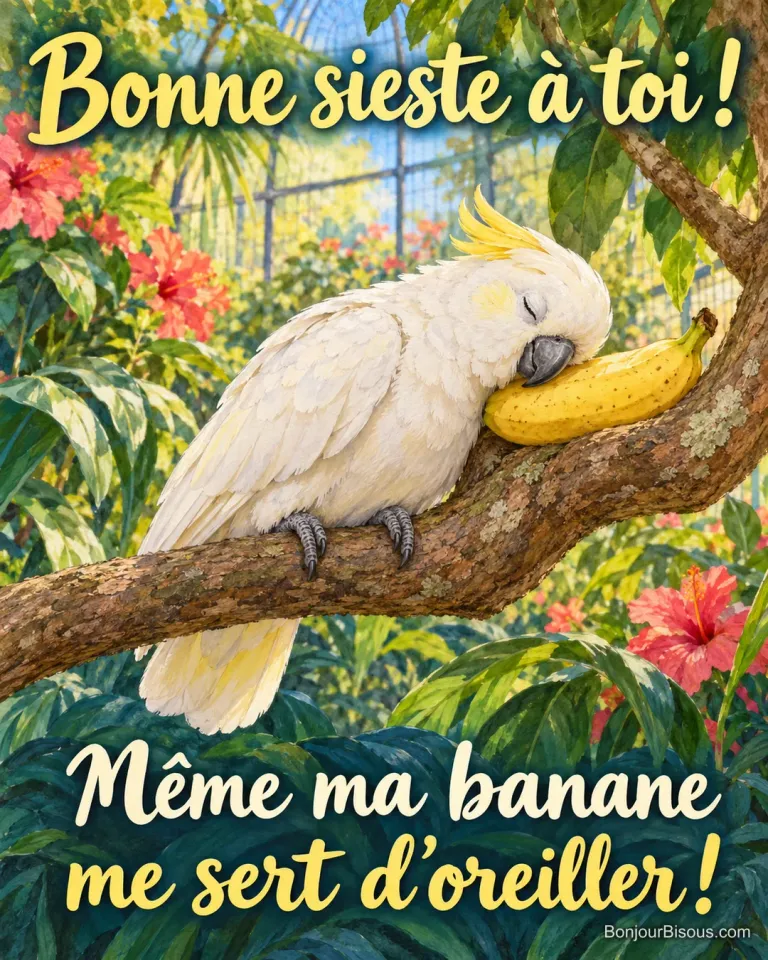 Un cacatoès assoupi pose doucement sa joue sur une banane comme sur un drôle d’oreiller. Le message est : « Bonne sieste à toi ! Même ma banane me sert d’oreiller ! ».