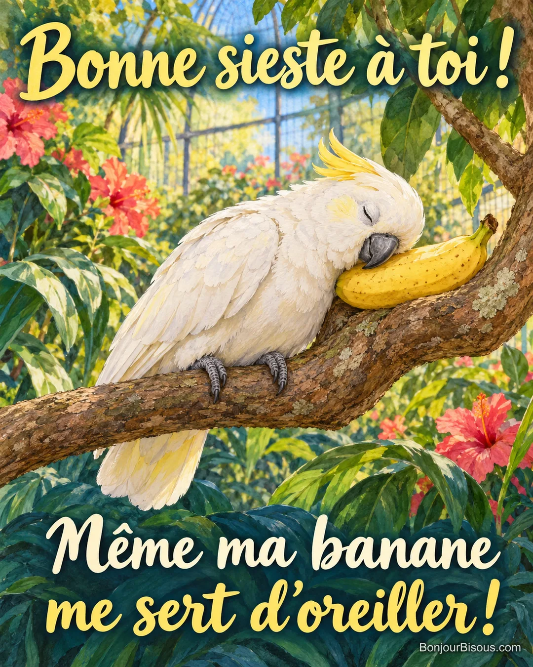 Un cacatoès assoupi pose doucement sa joue sur une banane comme sur un drôle d’oreiller. Le message est : « Bonne sieste à toi ! Même ma banane me sert d’oreiller ! ».