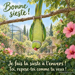 Une perruche verte fait sa sieste suspendue la tête en bas à une branche, parfaitement détendue. Le message est : « Bonne sieste ! Je fais la sieste à l’envers ! Toi, repose-toi comme tu veux ! ».