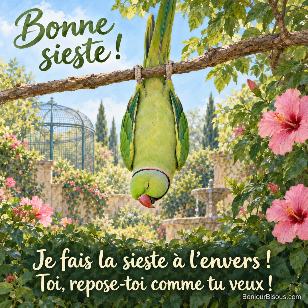 Une perruche verte fait sa sieste suspendue la tête en bas à une branche, parfaitement détendue. Le message est : « Bonne sieste ! Je fais la sieste à l’envers ! Toi, repose-toi comme tu veux ! ».