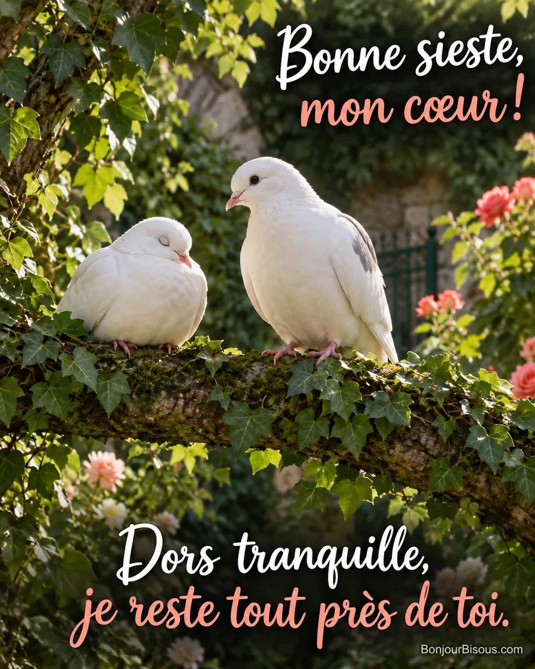 Une colombe dort paisiblement pendant qu’une seconde reste près d’elle et la regarde avec douceur. Le message est : « Bonne sieste, mon cœur ! Dors tranquille, je reste tout près de toi. ».