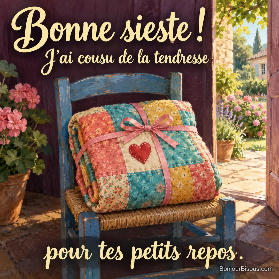 Une courtepointe patchwork cousue à la main, décorée d’un petit cœur rouge et nouée comme un cadeau, attend pour une sieste. Le message est : « Bonne sieste ! J’ai cousu de la tendresse pour tes petits repos. ».