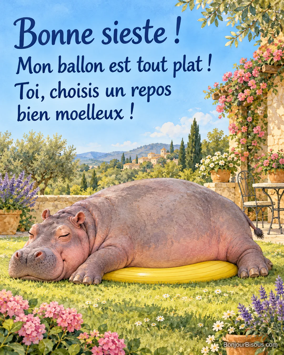 Un jeune hippopotame assoupi a complètement aplati son ballon de gymnastique sous son ventre. Le message est : « Bonne sieste ! Mon ballon est tout plat ! Toi, choisis un repos bien moelleux ! ».