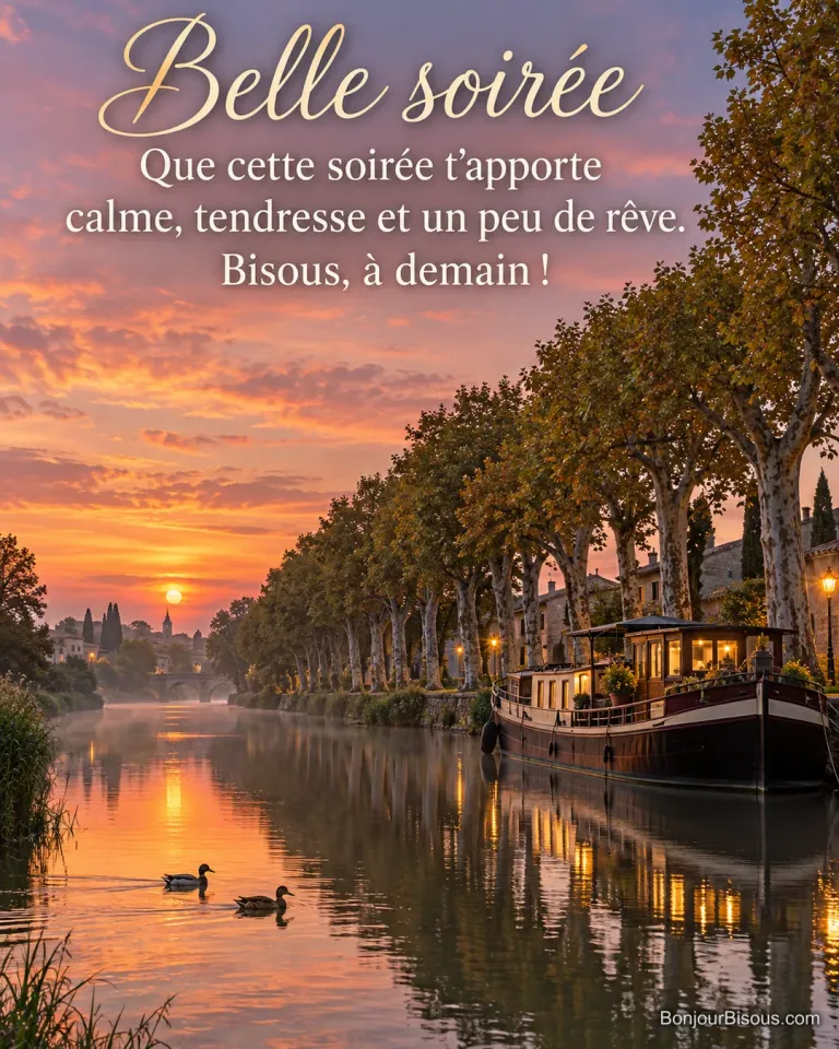 Photo du canal du Midi au coucher du soleil avec une allée de platanes, une péniche aux fenêtres éclairées et deux canards, avec le texte « Belle soirée – Que cette soirée t’apporte calme, tendresse et un peu de rêve. Bisous, à demain ! »